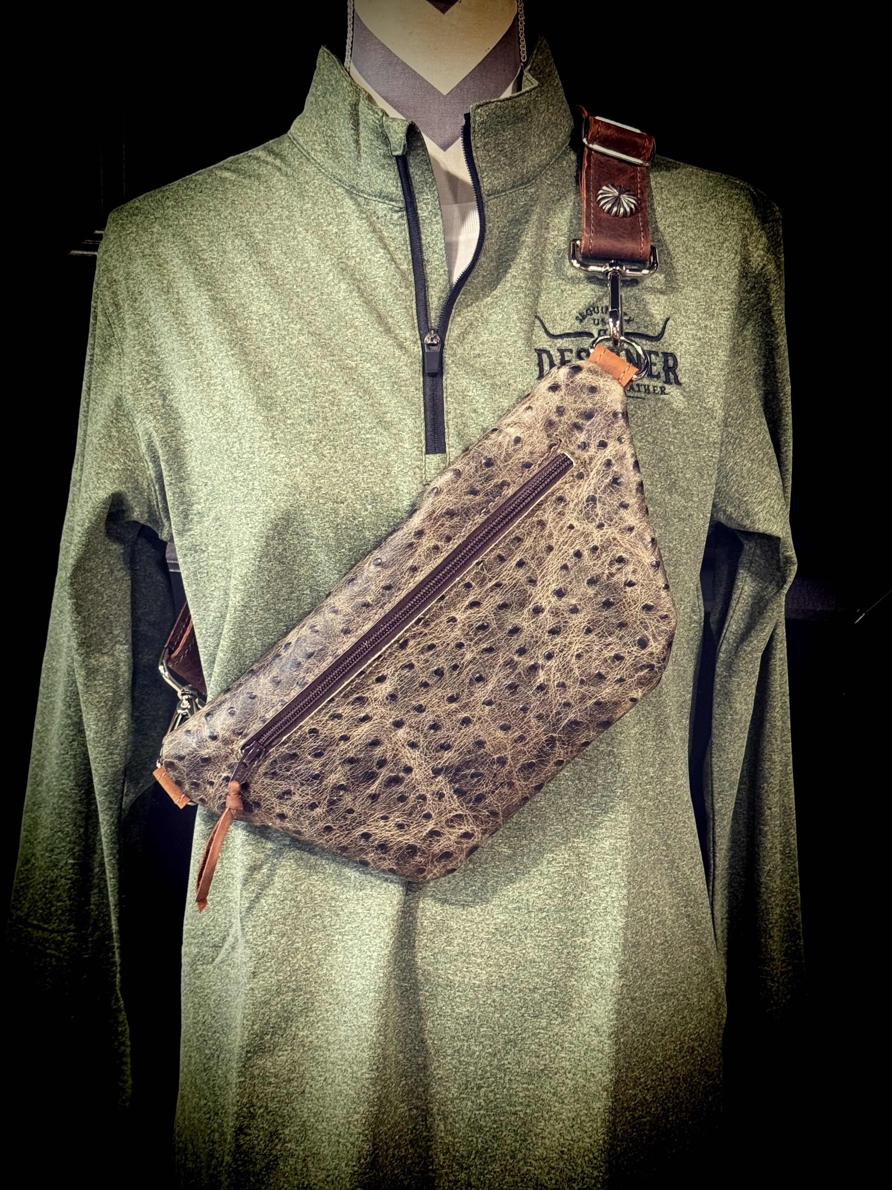 Olive Ostrich Print Side Saddle w/o Fringe