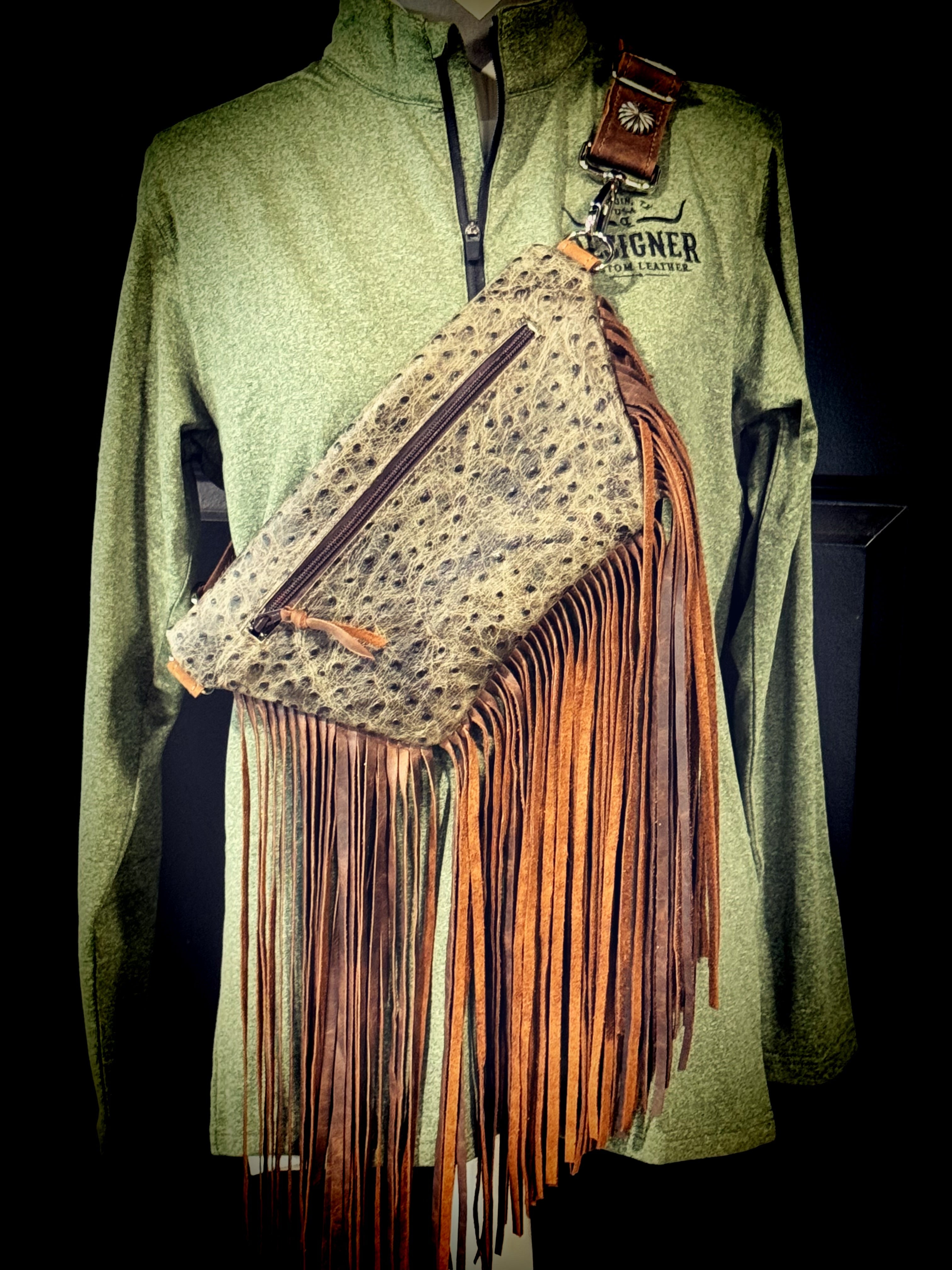 Olive Ostrich Print Side Saddle with Fringe