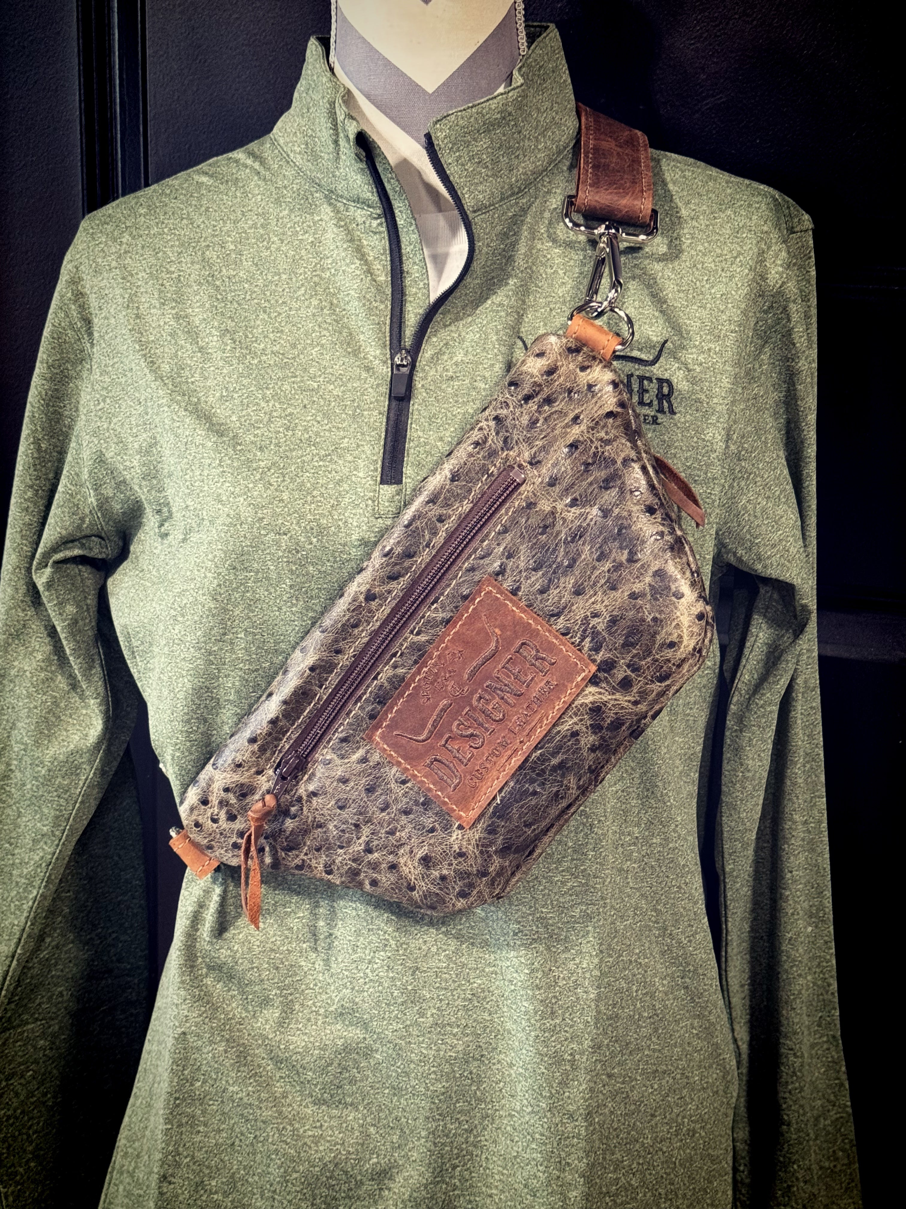 Olive Ostrich Print Side Saddle w/o Fringe
