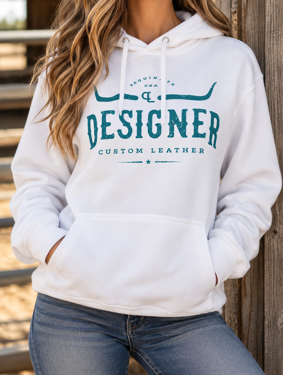 White Hoodie with Turquoise Logo