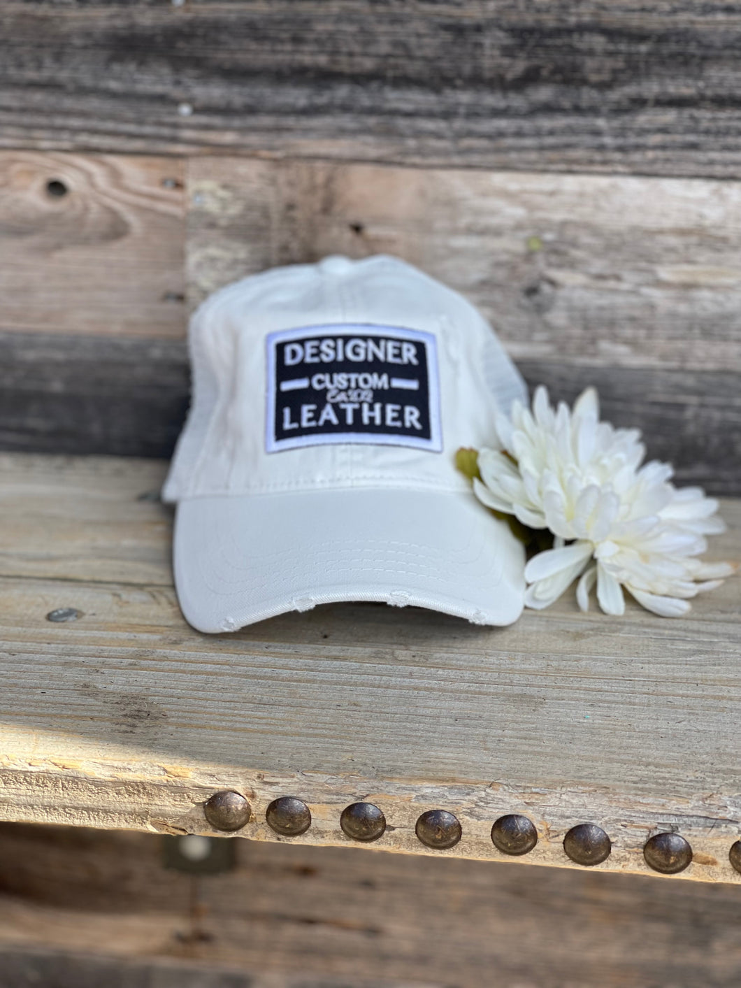 White Distressed Cap with Black and White Patch