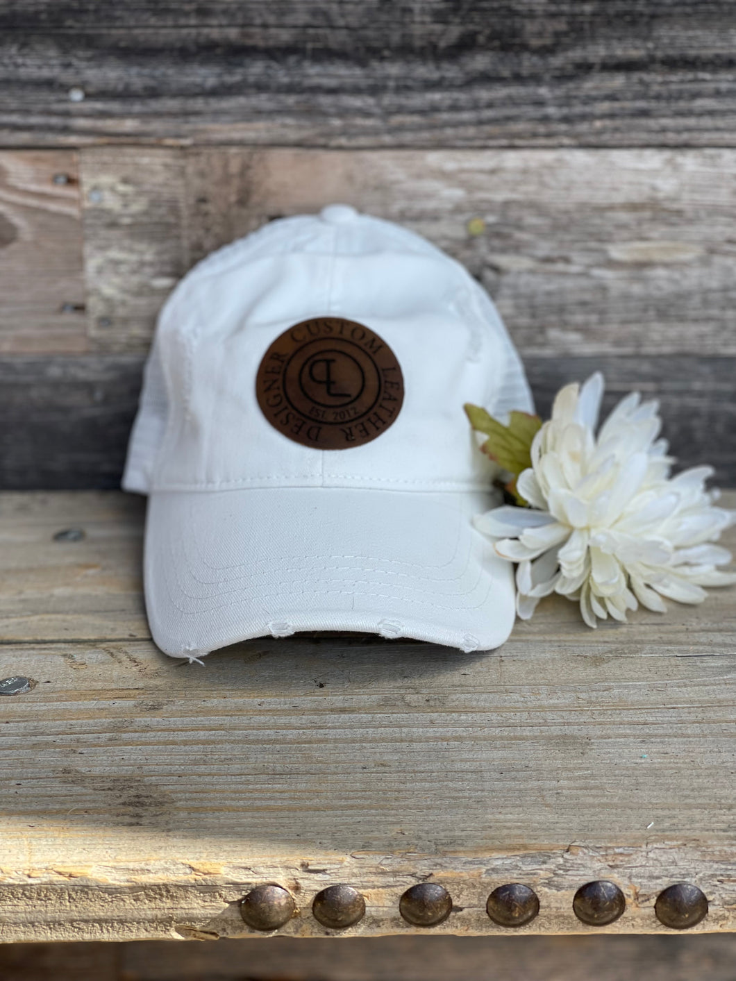 White Distressed Cap with Leather Patch